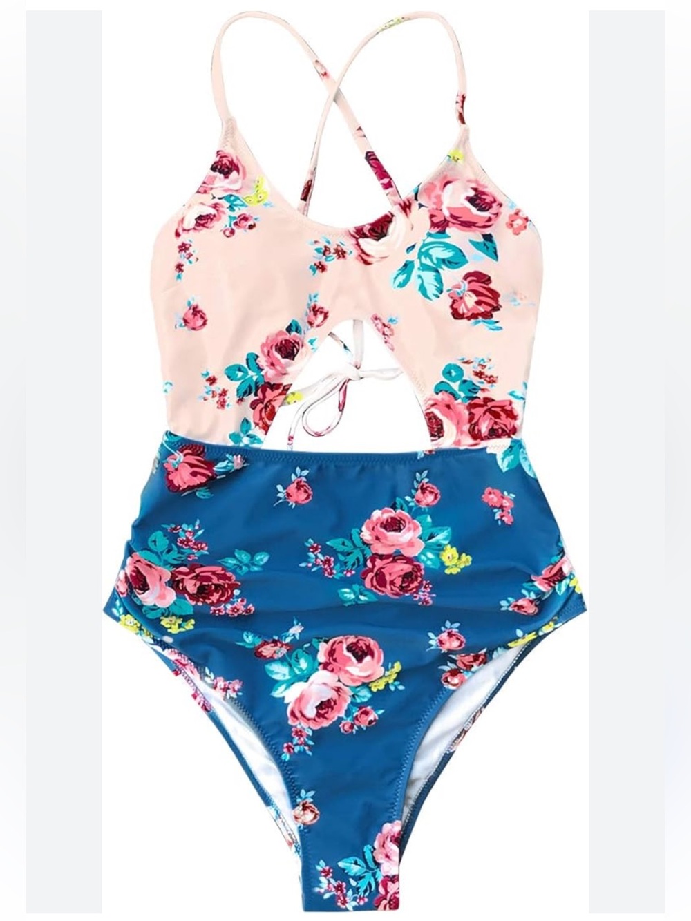 NWOT- Cupshe Pink & Blue Floral Cutout One-Piece Swimsuit. Size medium